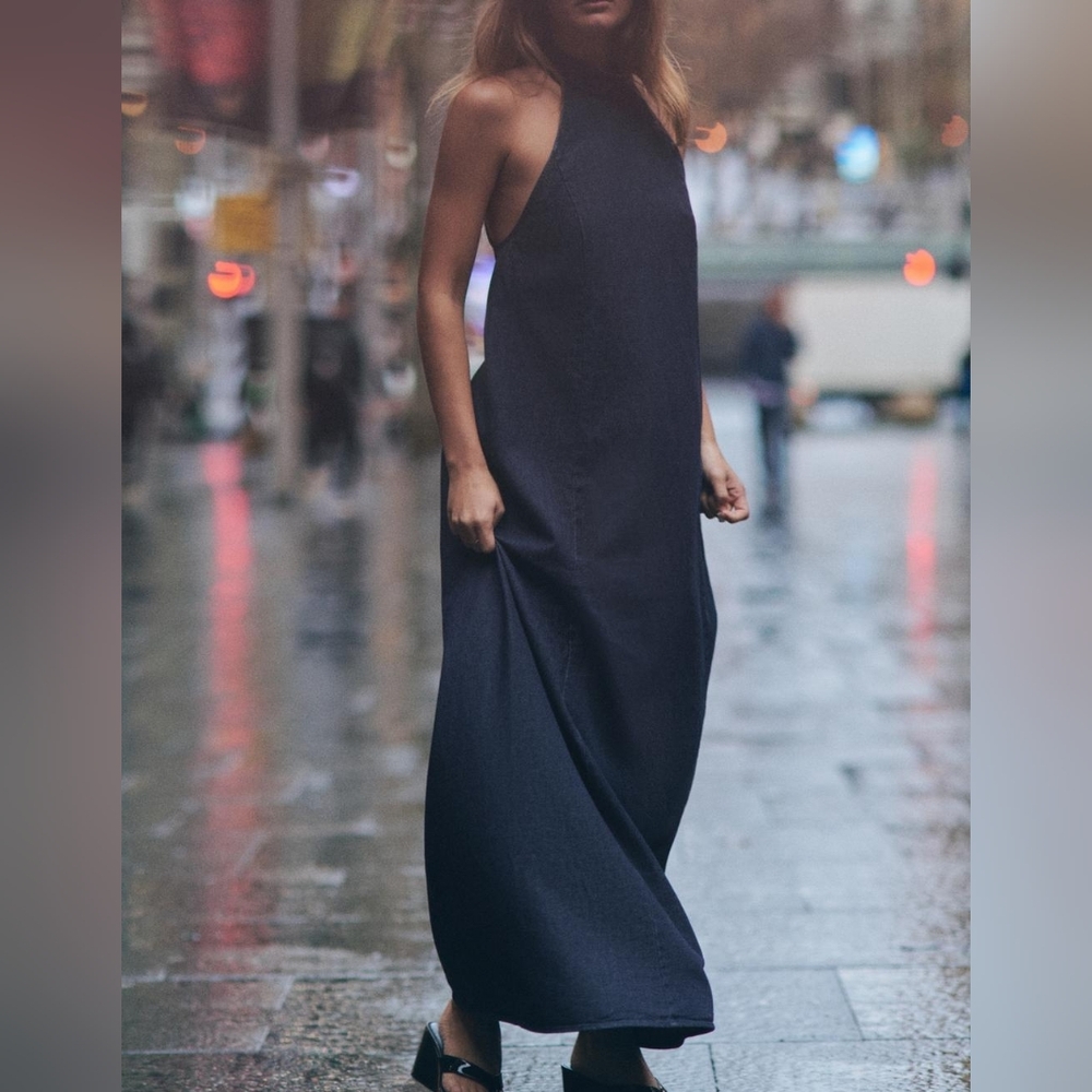 Zara TRF Halter Denim Dress Long Dark Blue Bnwt